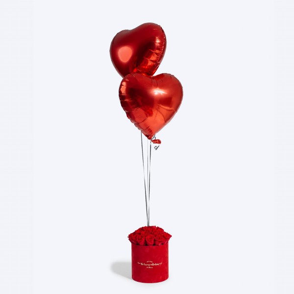 Welurowy flower box  L + wieczne róże + 2 balony serce z helem