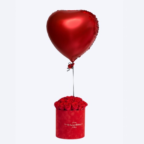 Welurowy flower box PREMIUM L + wieczne róże  + balon serce z helem