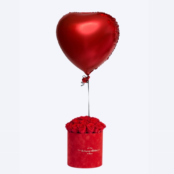 Welurowy flower box PREMIUM S + wieczne róże + balon serce z helem